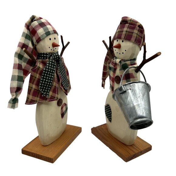 Home Interiors Rustic Wood Mr & Mrs Snowman Figurines Set Winter Decor 7" Tall - Picture 3 of 8